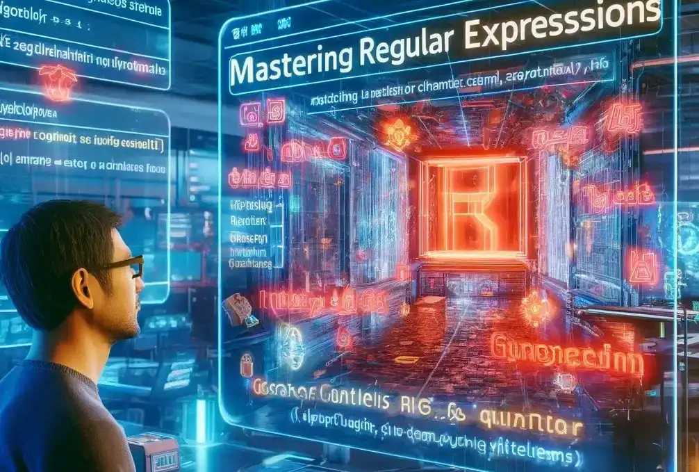 A man looking at the big digital screen with the test "Mastering Regular Expressions"