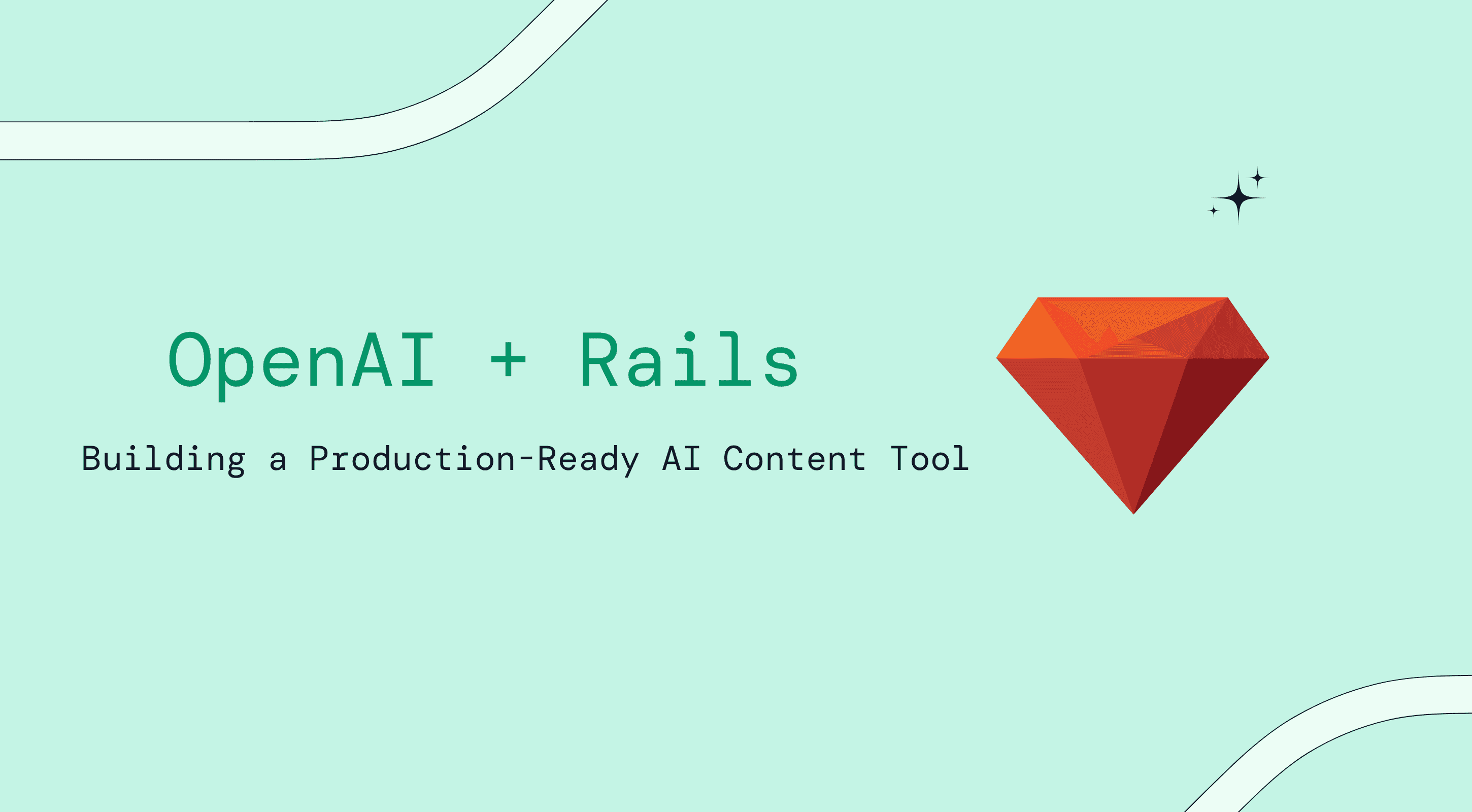 Illustration of red ruby on rails gem with the text "Open Ai + Rails" alongside.