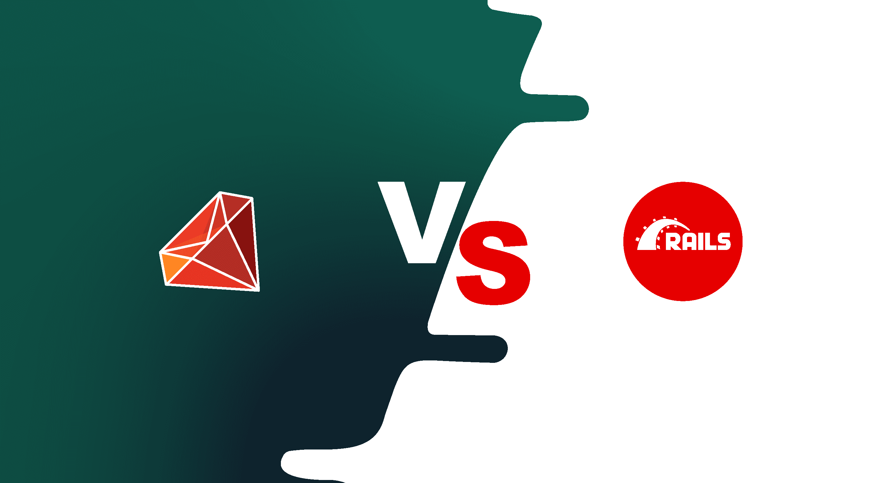 Illustration of Ruby gem on green background vs Rails icon with white background