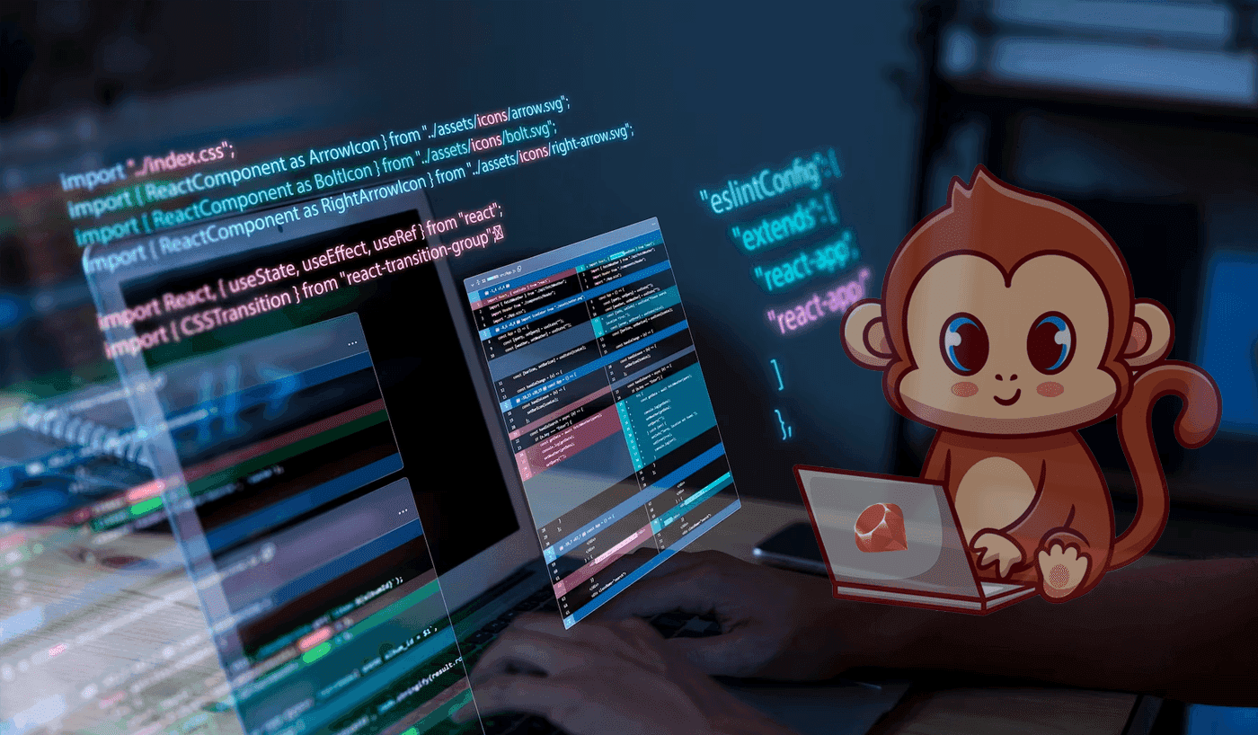 A cartoon monkey sitting near a laptop and other digital screens alongside.