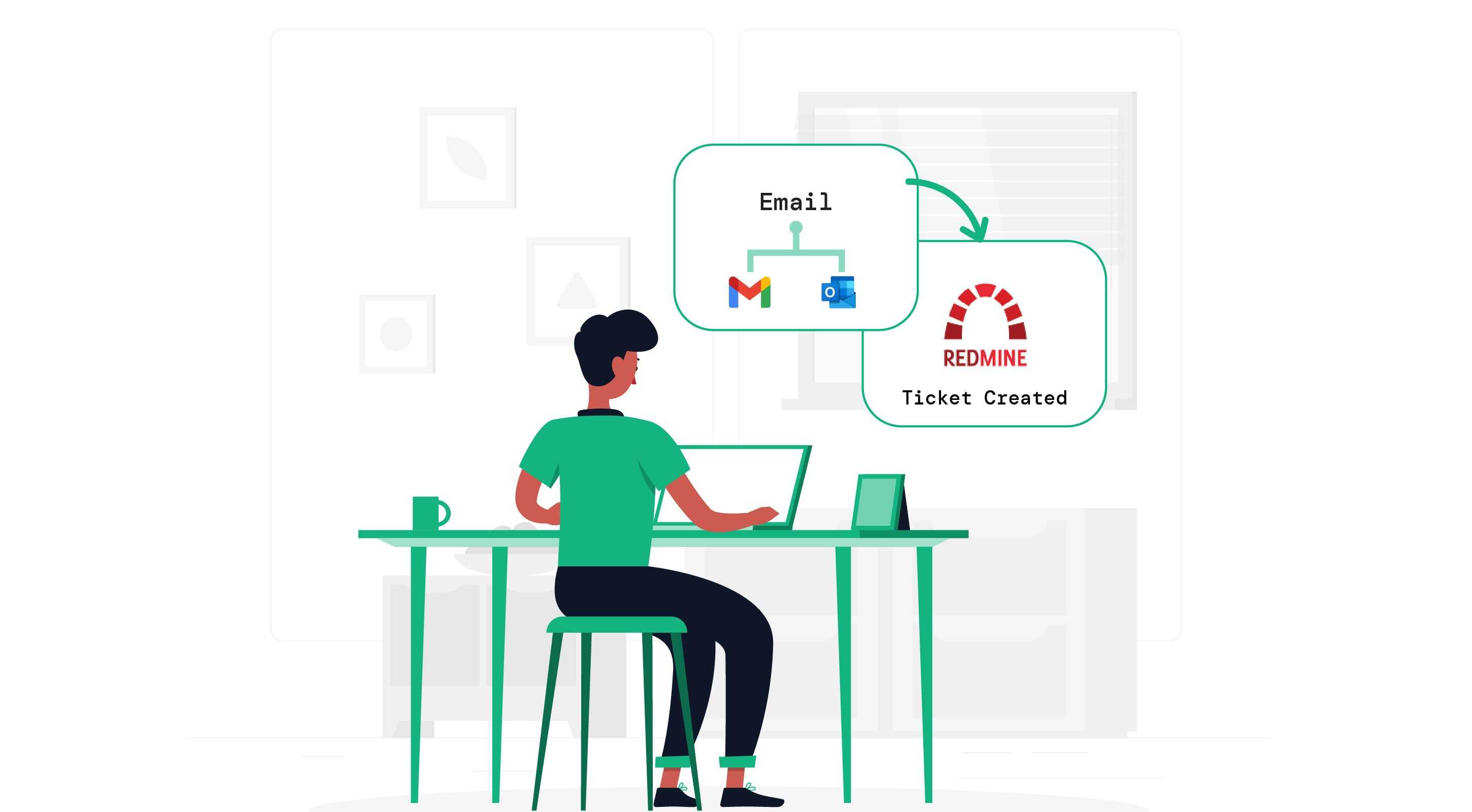 Illustration showing a person on a laptop wihile emails move into Redmine