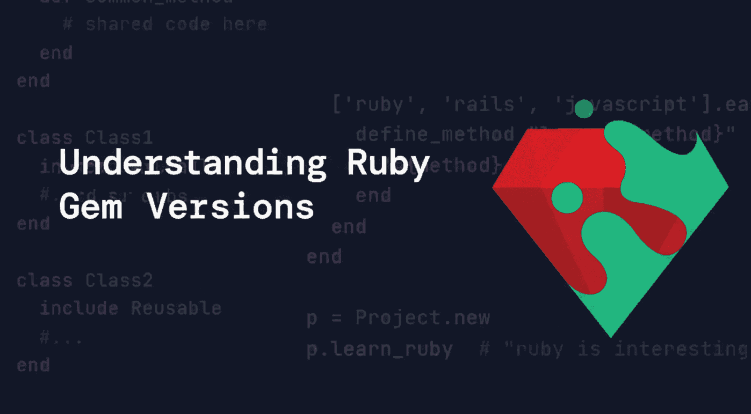A ruby gem in multiple colours with subtle code snippets in background