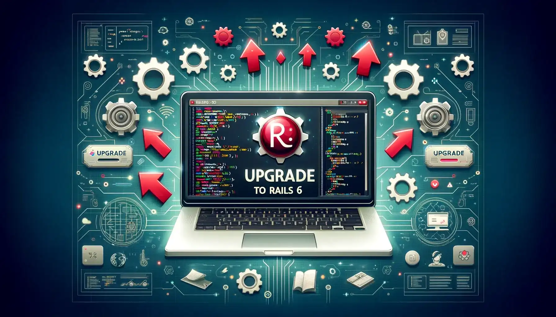 Laptop at the center surrounded by multiple Rails upgrade icons