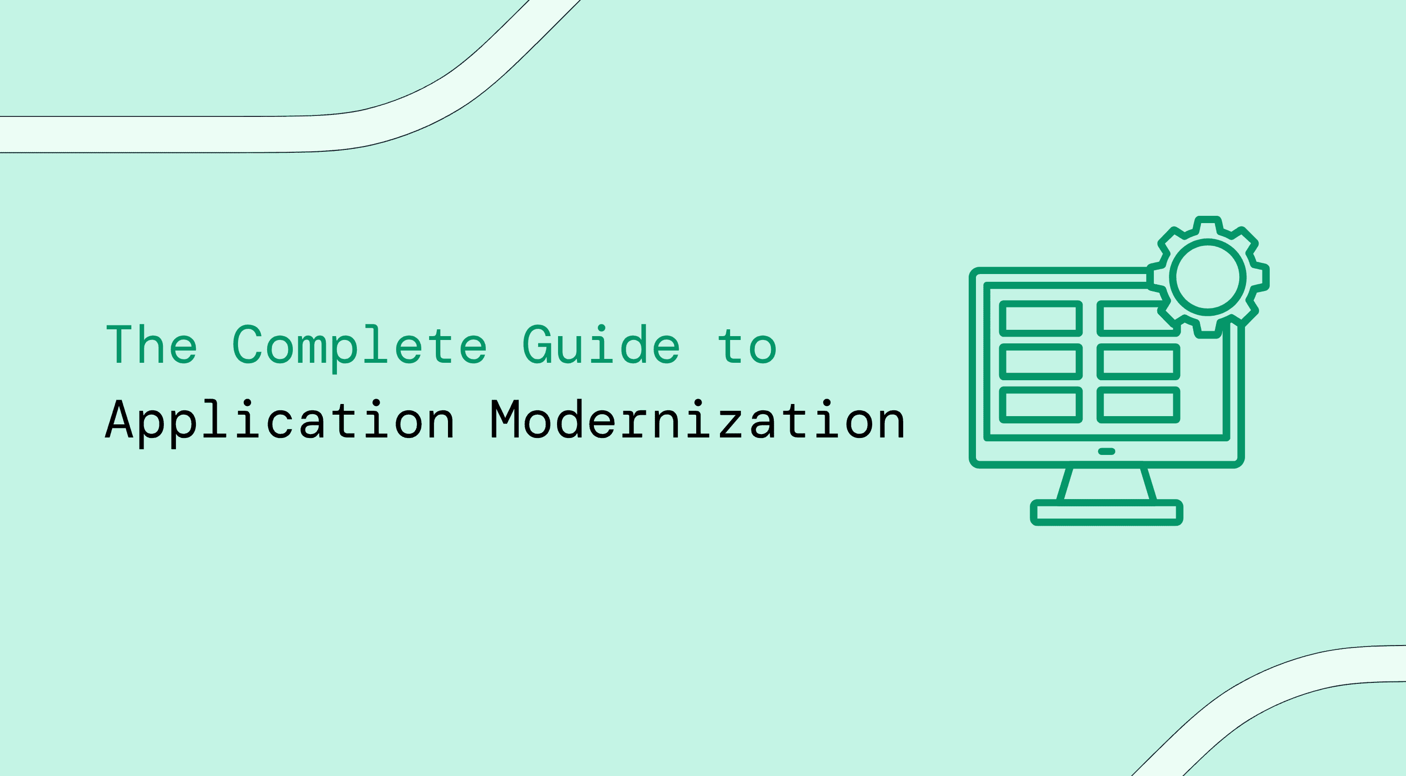 Illustration of desktop with icons and the text "Guide to Legacy application modernisation"