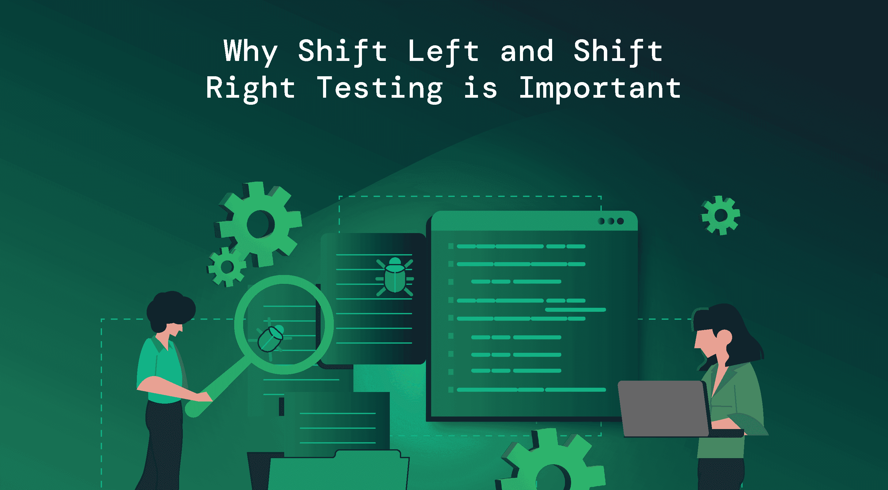 Depiction of two women working among lot of testing icons