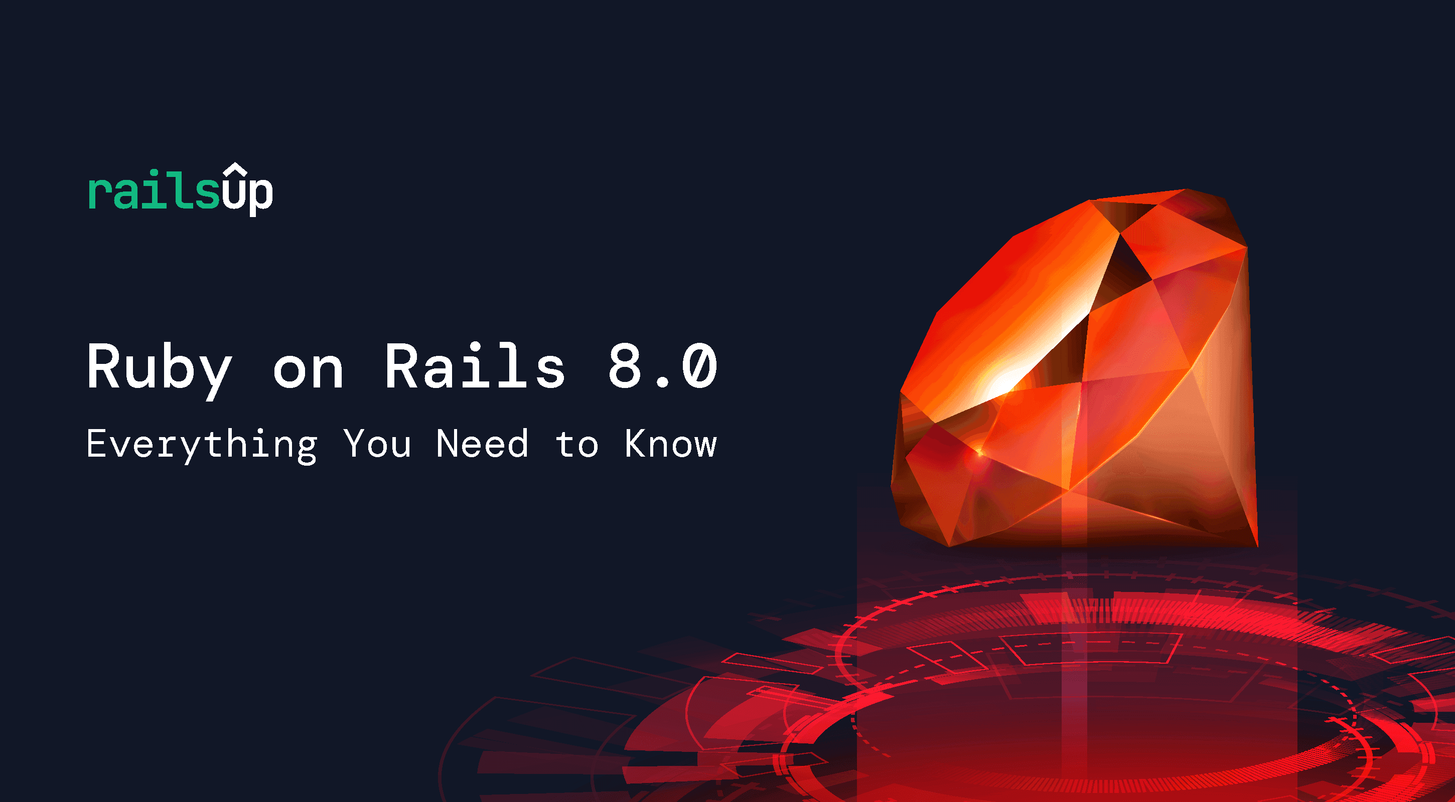 Glowing Ruby Gem representing the latest Ruby on Rails 8.0
