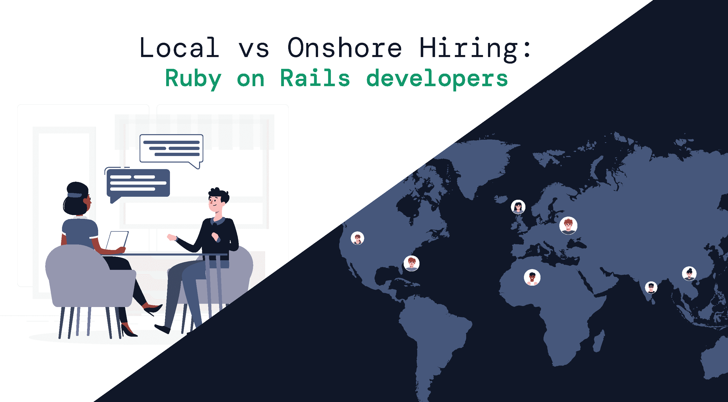 An illustration of networking around the world in one half and the conversation between two women on the other half.