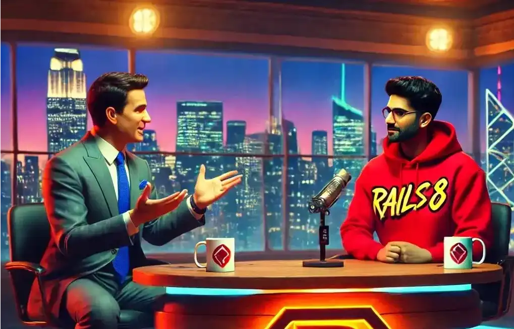 A man interviewing the another man who is wearing Tshirt featuring Rails 8 logo.