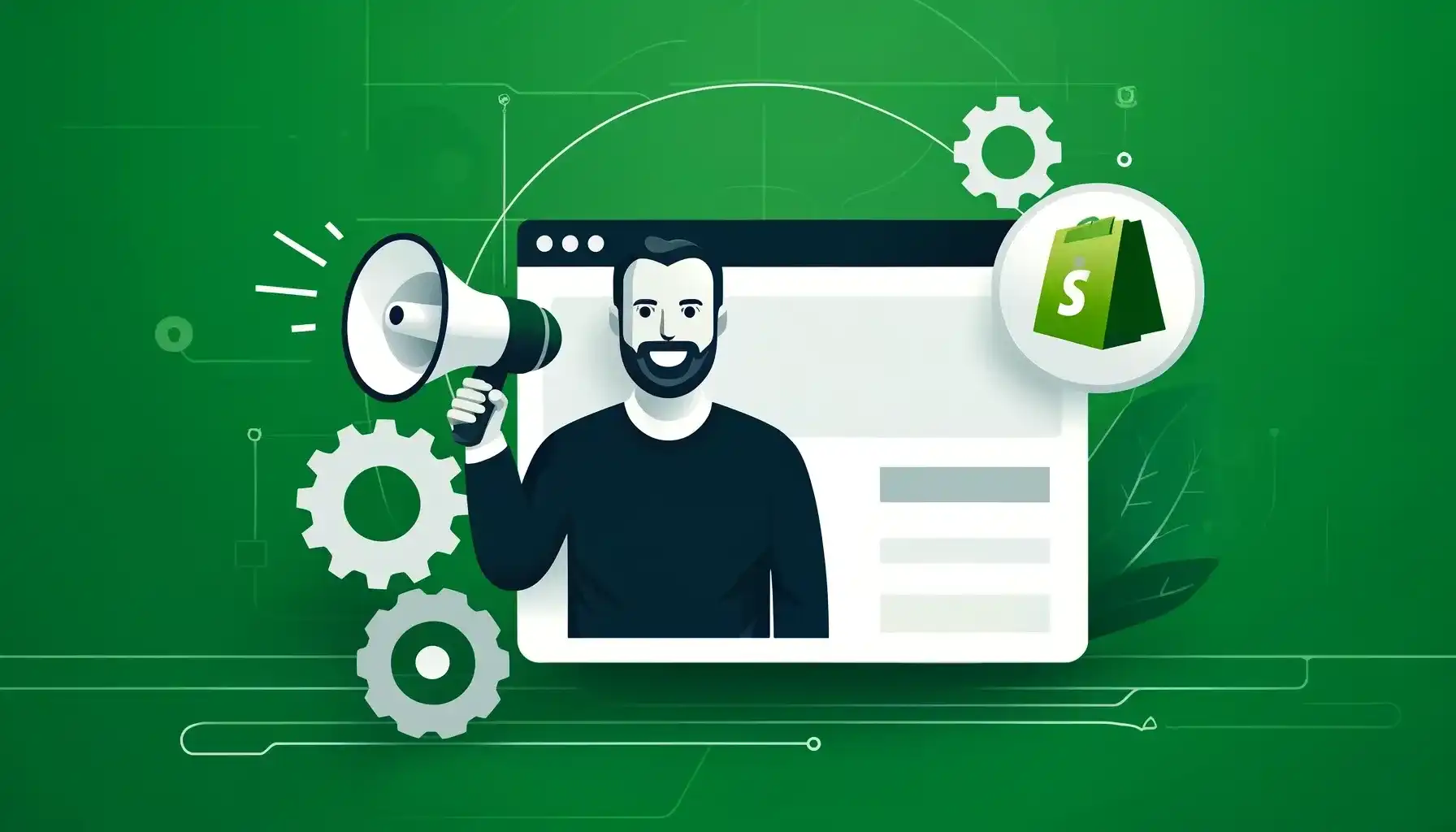 A man holding loud speaker in hand with shopify logo in background