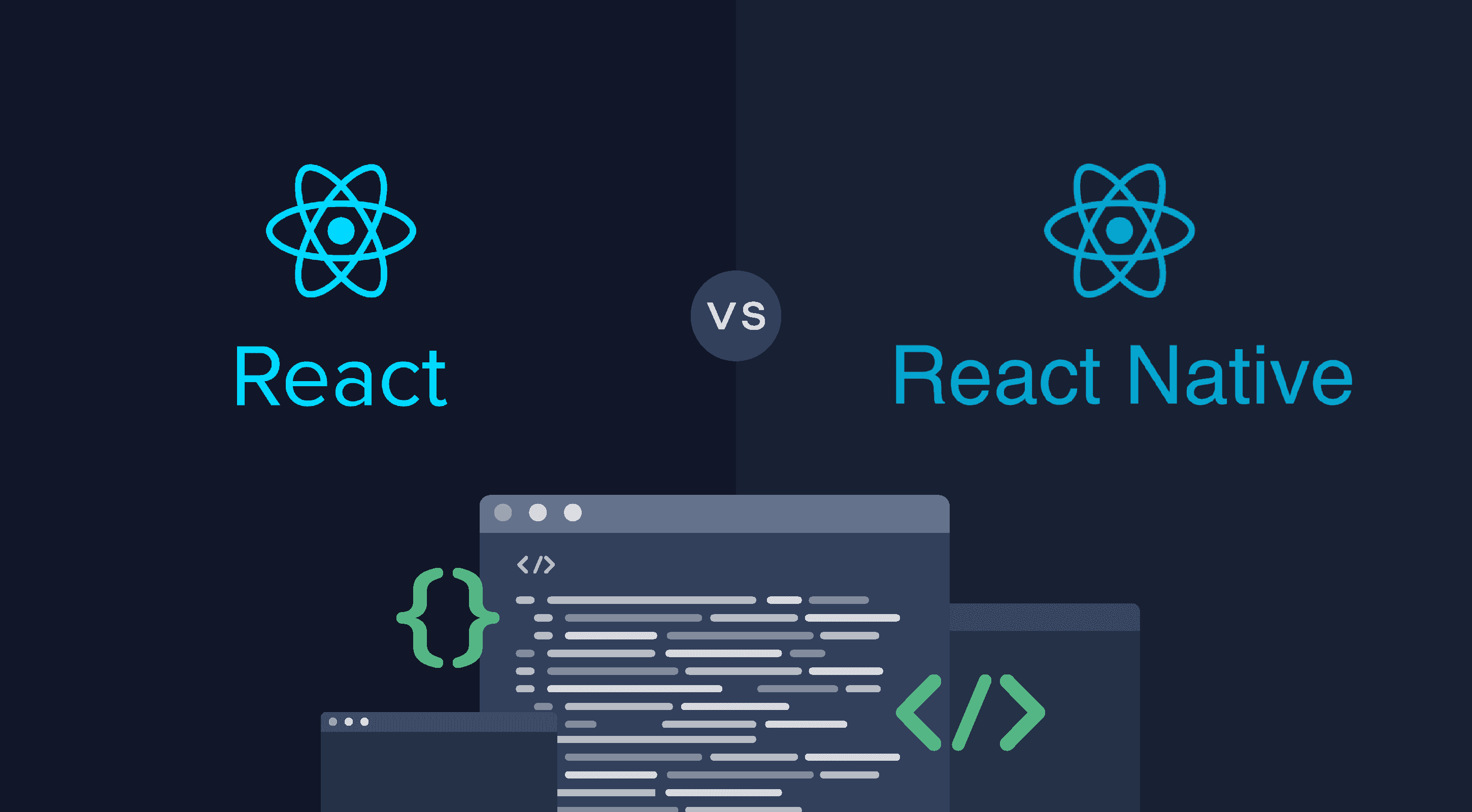 Illustration of React VS React Native with sample codes at bottom